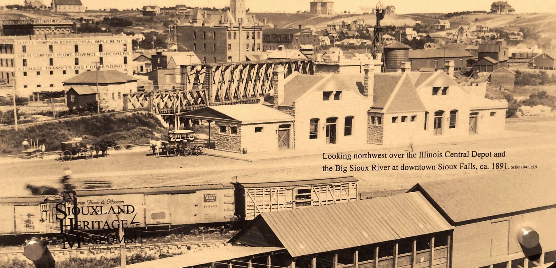 Marker detail: Illinois Central Depot, Big Sioux River, and downtown Sioux Falls, ca. 1891 image. Click for full size.