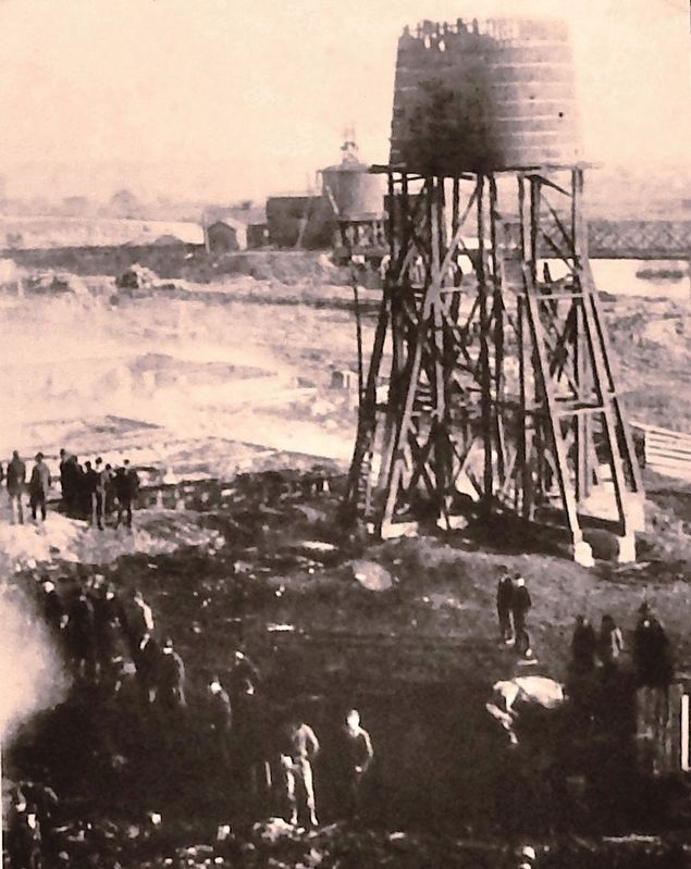 Marker detail: Looking north along the river from Ninth Street at dart water tower, ca.1880s. Click for full size. Marker detail: Looking north along the river from Ninth Street at dart water tower, ca.1880s image. Click for full size.