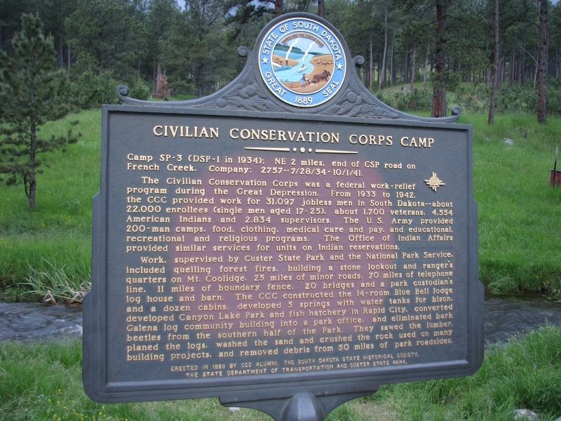 Civilian Conservation Corps Camp Marker (<i>wide view; French Creek in background</i>) image. Click for full size.