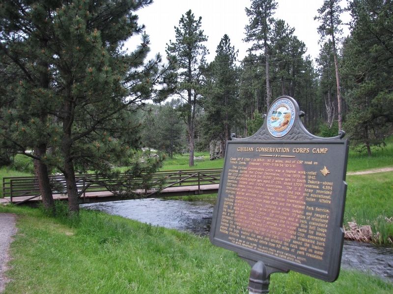 Civilian Conservation Corps Camp Marker (<i>looking south along French Creek toward foot bridge</i>) image. Click for full size.