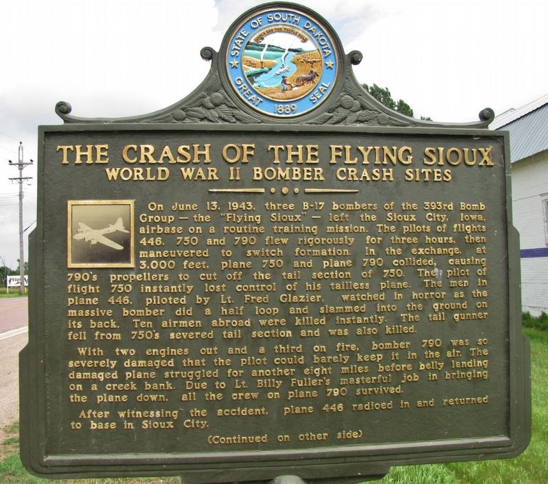 The Crash of the Flying Sioux Marker (<i>side 1</i>). Click for full size. The Crash of the Flying Sioux Marker (<i>side 1</i>) image. Click for full size.
