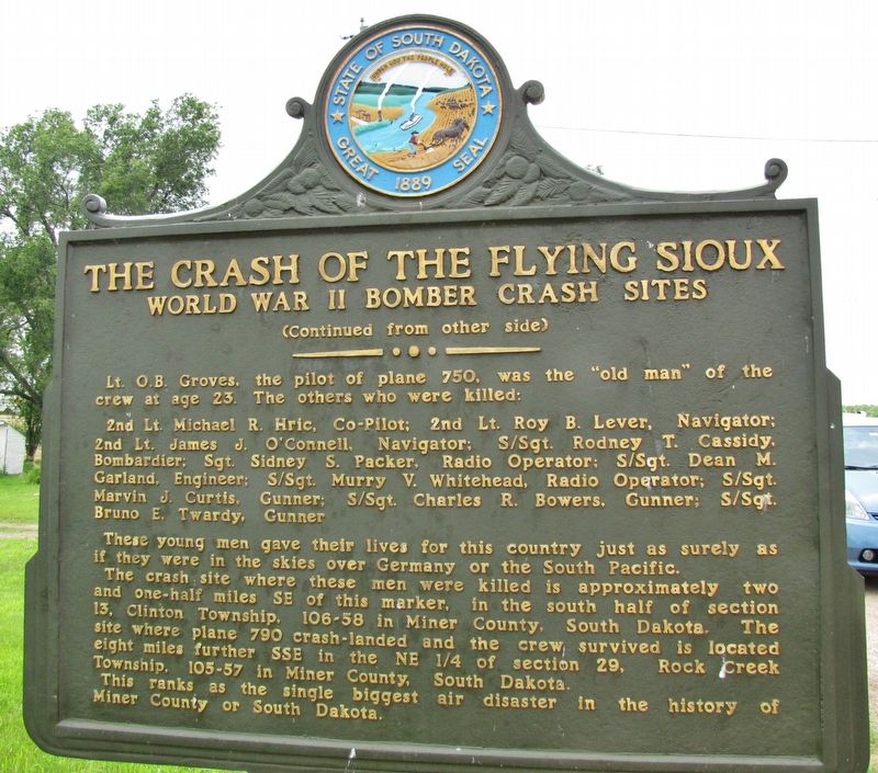 The Crash of the Flying Sioux Marker (<i>side 2</i>). Click for full size. The Crash of the Flying Sioux Marker (<i>side 2</i>) image. Click for full size.
