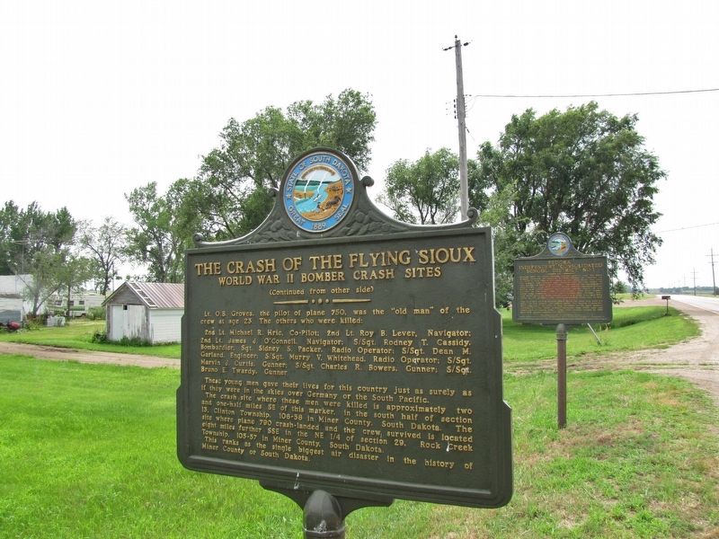 The Crash of the Flying Sioux Marker (<i>side 2; wide view; unrelated marker in background</i>). Click for full size. The Crash of the Flying Sioux Marker (<i>side 2; wide view; unrelated marker in background</i>) image. Click for full size.