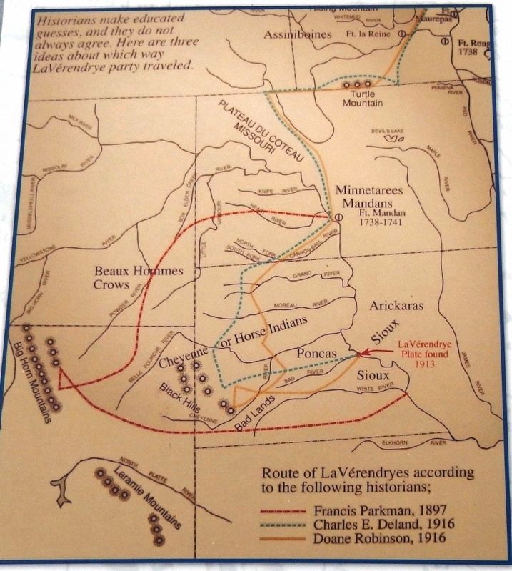 Marker detail: La Verendryes' route according to the historians: Parkman, Deland and Robinson image. Click for full size.
