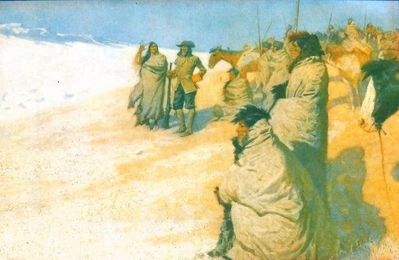 Marker detail: Frederick Remington’s painting of the explorers crossing Dakota image. Click for full size.