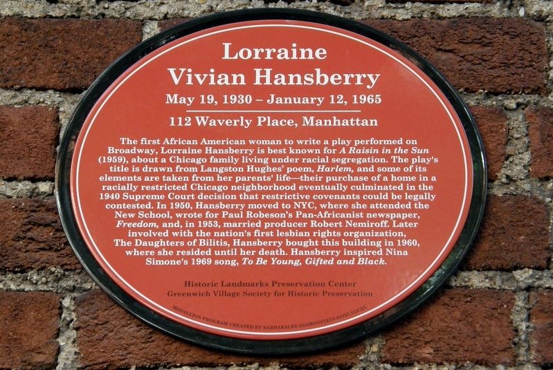 Lorraine Vivian Hansberry Marker. Click for full size. Lorraine Vivian Hansberry Marker image. Click for full size.