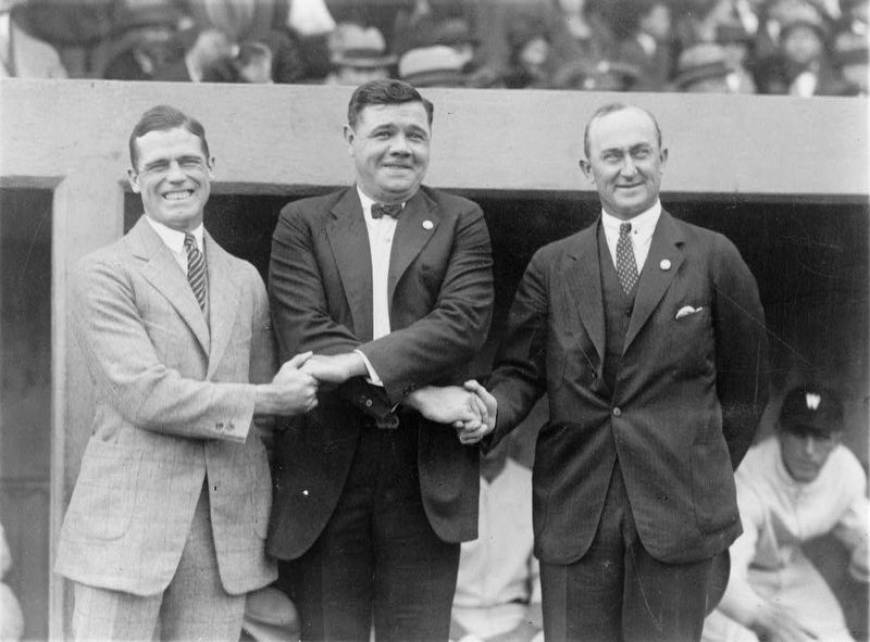 <i>Three base ball stars here for the World Series. L to R: George Sisler, Babe Ruth and Ty Cobb</i> image. Click for full size.