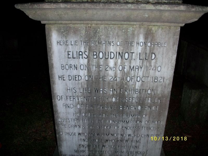 Close-up of Elias Boudinot Headstone. Click for full size. Close-up of Elias Boudinot Headstone image. Click for full size.