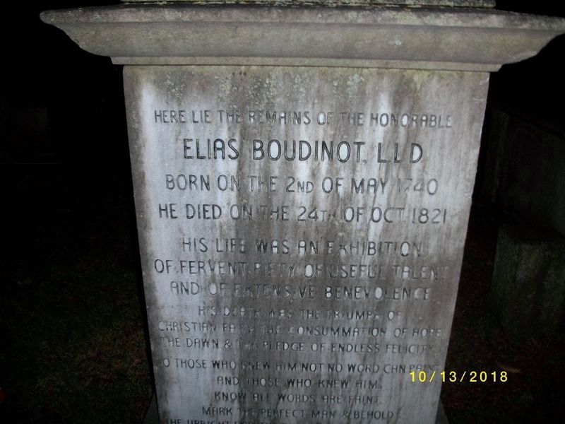 Close-up of Elias Boudinot Headstone image. Click for full size.
