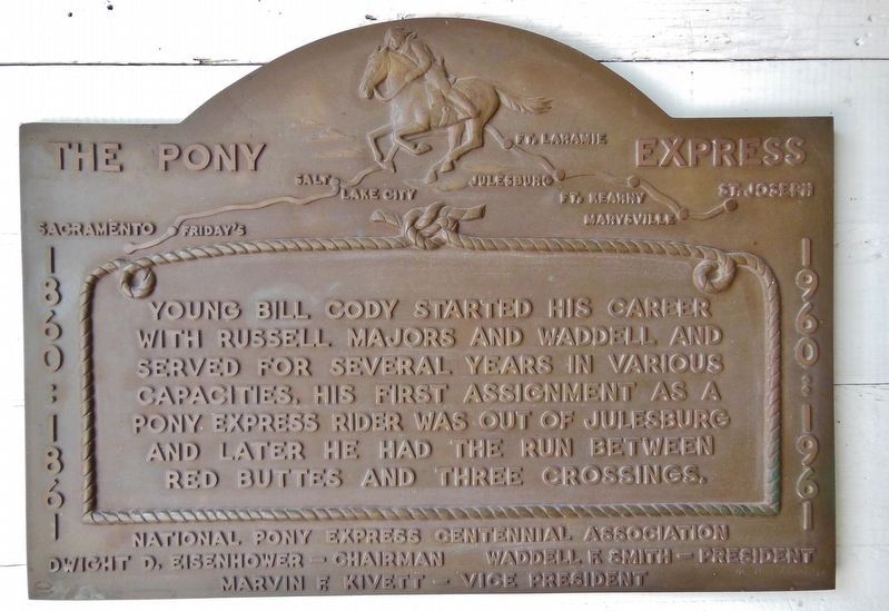 1887 Horse Barn, Scout's Rest Ranch: Buffalo Bill's Pony Express Marker (<i>on wall inside barn</i>). Click for full size. 1887 Horse Barn, Scout's Rest Ranch: Buffalo Bill's Pony Express Marker (<i>on wall inside barn</i>) image. Click for full size.