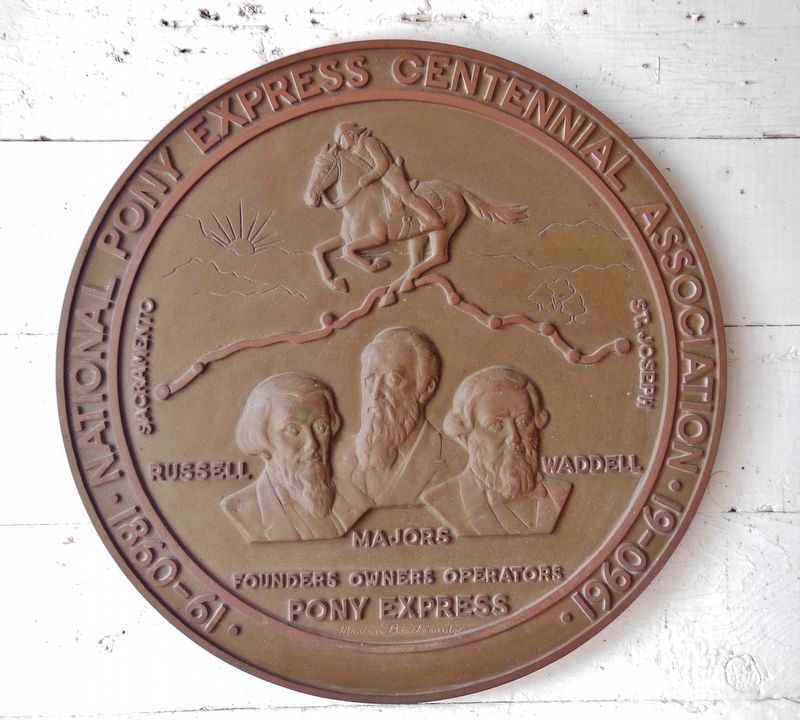 1887 Horse Barn, Scout's Rest Ranch: Pony Express Centennial Medallion (<i>on wall inside barn</i>). Click for full size. 1887 Horse Barn, Scout's Rest Ranch: Pony Express Centennial Medallion (<i>on wall inside barn</i>) image. Click for full size.