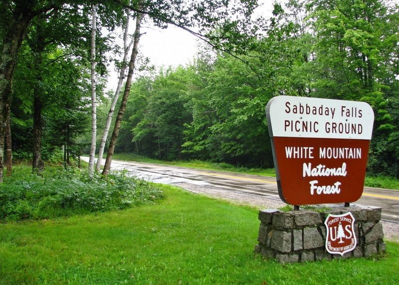 Sabbaday Falls Sign (<i>turn here to access the trailhead parking lot and marker</i>). Click for full size. Sabbaday Falls Sign (<i>turn here to access the trailhead parking lot and marker</i>) image. Click for full size.