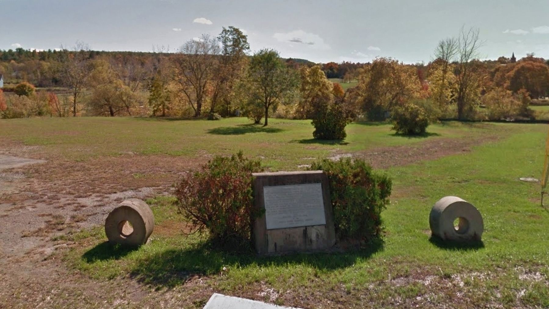 1756 French Saw Mill Marker (<i>wide view; La Chute River in background</i>) image. Click for full size.