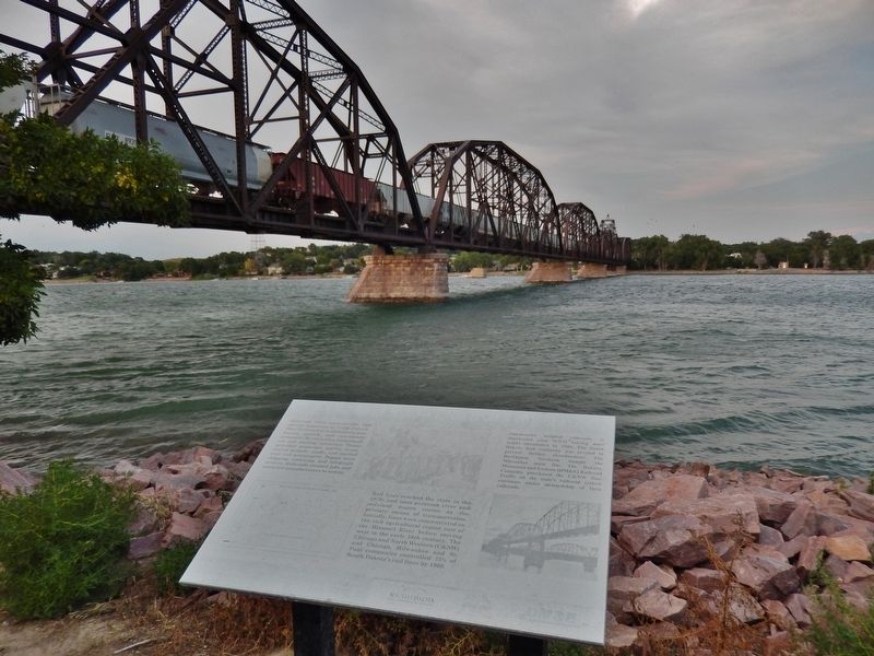 South Dakota Railroads Marker (<i>wide view; looking east across Missouri River</i>) image. Click for full size.