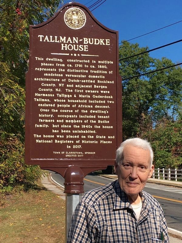 Tallman-Budke House Marker and Clarkstown Historian Robert Knight image. Click for full size.