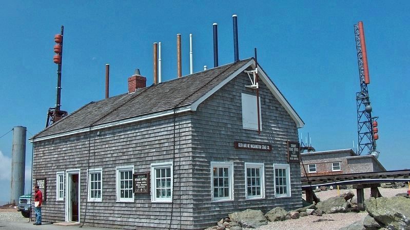 Mount Washington Summit Stage House (<i>marker visible near left edge of building</i>). Click for full size. Mount Washington Summit Stage House (<i>marker visible near left edge of building</i>) image. Click for full size.