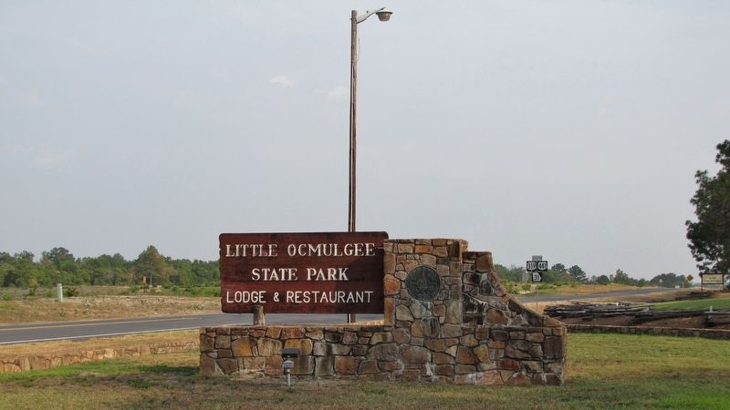Little Ocmulgee State Park Entrance (<i>turn off U.S. Highway 441 here to access marker</i>) image. Click for full size.