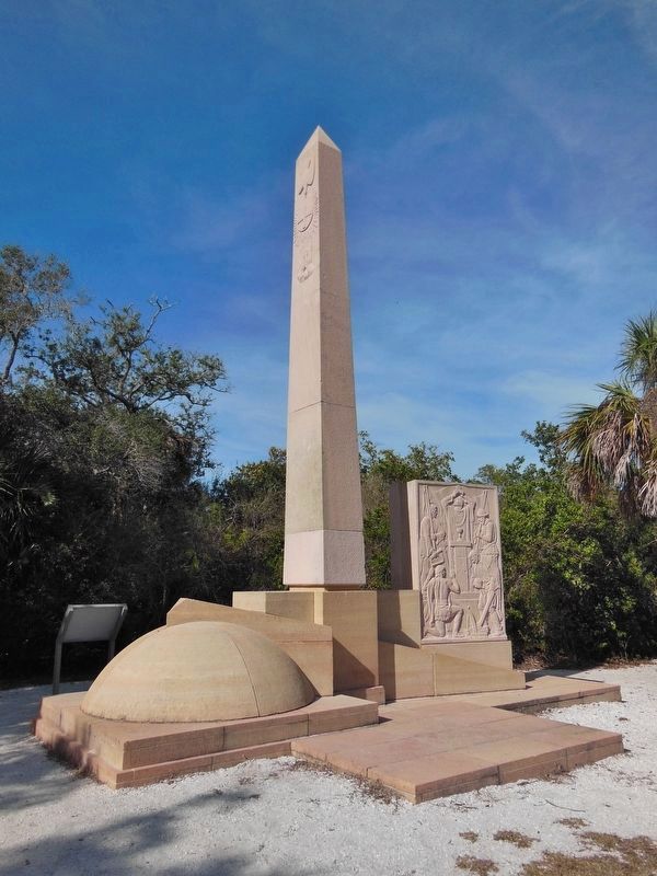 Holy Eucharist Monument (<i>tall view from beach; marker visit left of monument</i>) image. Click for full size.