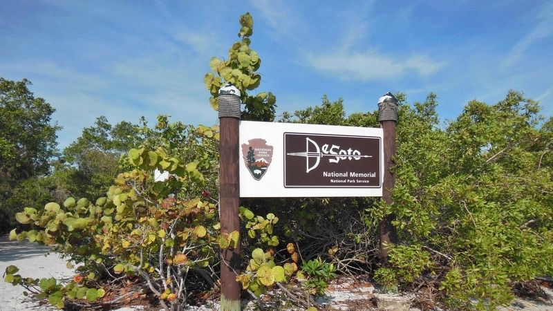 DeSoto National Memorial Sign (<i>on beach near marker</i>) image. Click for full size.