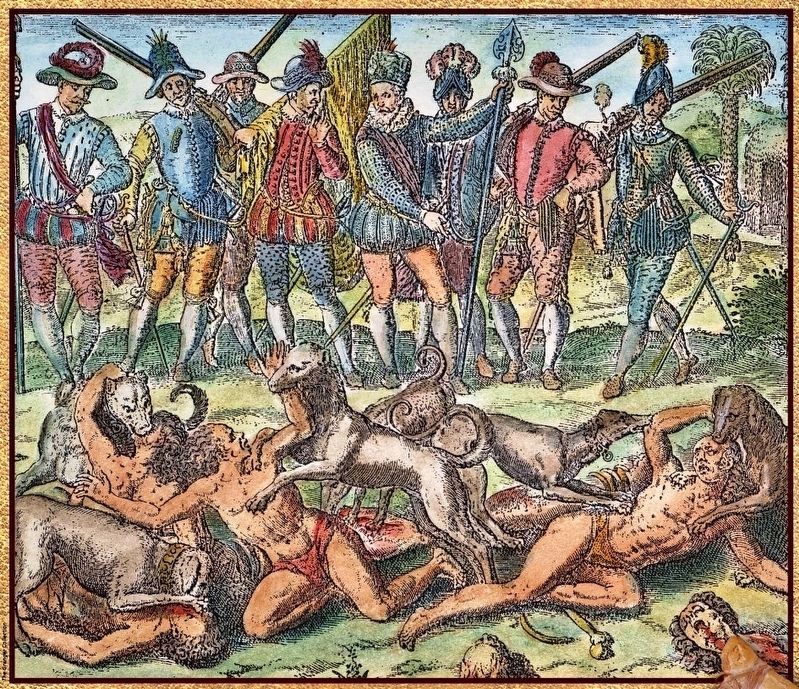 Marker detail: Conquistadors watch as their dogs tear Native Americans to pieces. Click for full size. Marker detail: Conquistadors watch as their dogs tear Native Americans to pieces image. Click for full size.