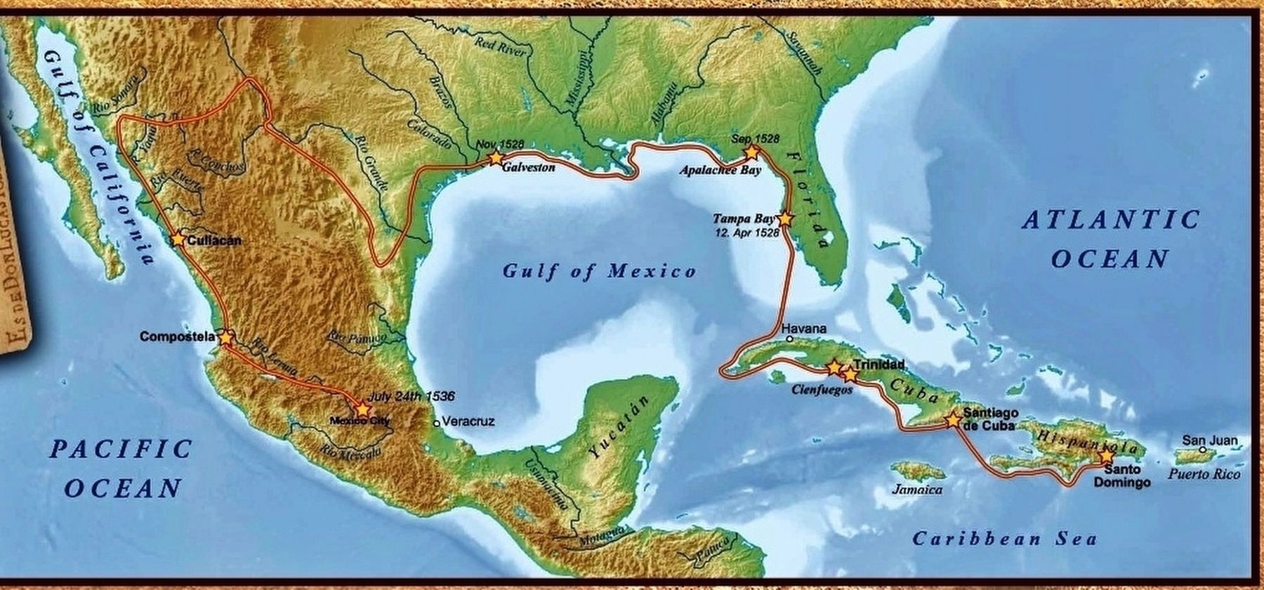 Marker detail: Map depicting route of Pnfilo de Narvez and Nuez Cabeza de Vaca, 1528-1537 image. Click for full size.