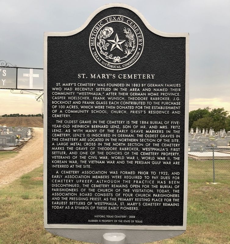 St. Mary's Cemetery Historic Texas Cemetery Marker. Click for full size. St. Mary's Cemetery Historic Texas Cemetery Marker image. Click for full size.