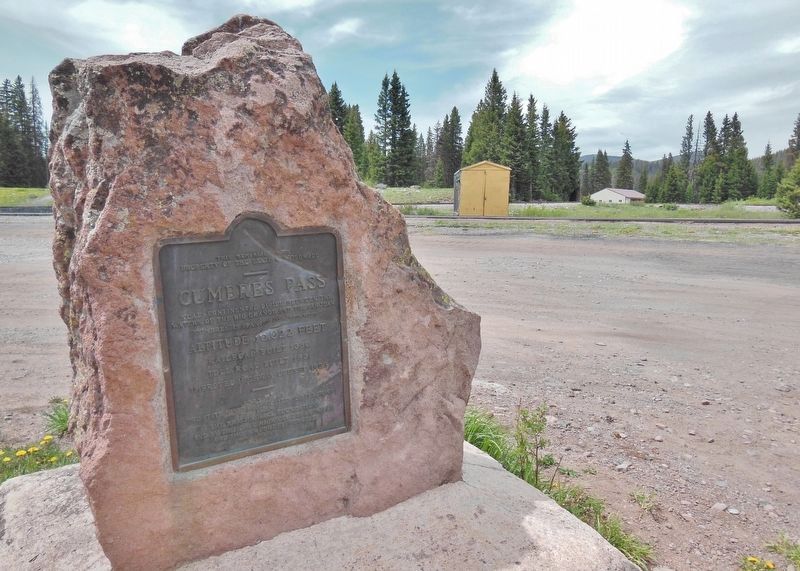 Cumbres Pass Marker (<i>wide view; Colorado Highway 17 in background</i>) image. Click for full size.