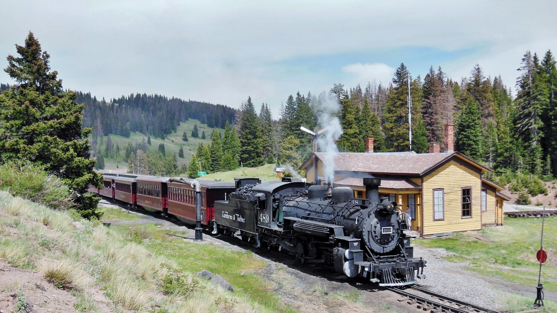 Train Departing Cumbres Pass Railroad Depot image. Click for full size.