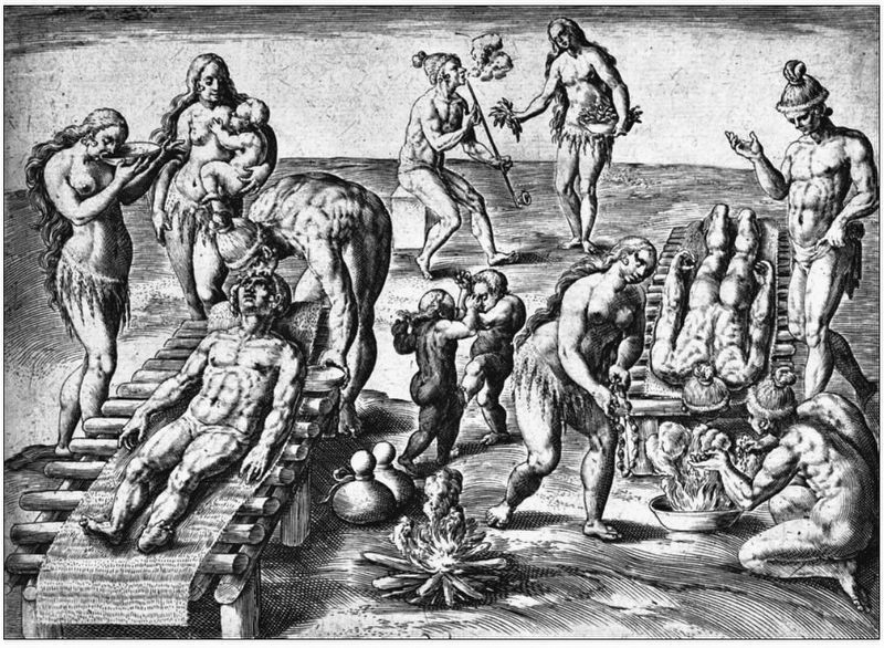 Marker detail: Indians tending those who contracted diseases from European explorers. Click for full size. Marker detail: Indians tending those who contracted diseases from European explorers image. Click for full size.