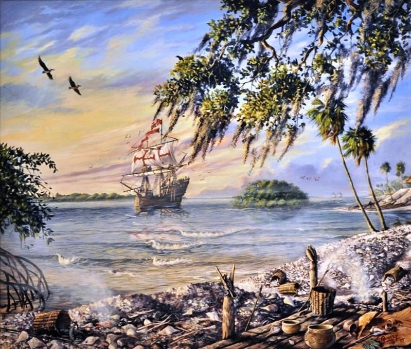 Marker detail: “The Spanish Arrival” by Dean Quigley image. Click for full size.
