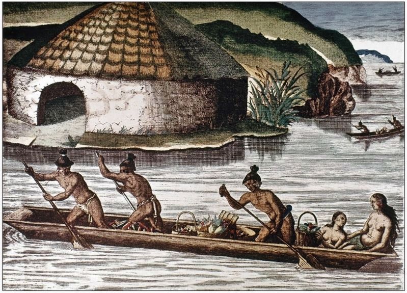 Marker detail: Timucuan Indians used dugout Canoes. Engraving by Theodor de Bry (1591) image. Click for full size.