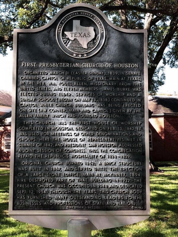 First Presbyterian Church of Houston Marker Front. Click for full size. First Presbyterian Church of Houston Marker Front image. Click for full size.