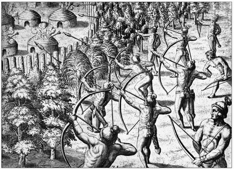 Marker detail: Natives shooting arrows into an enemy village image. Click for full size.