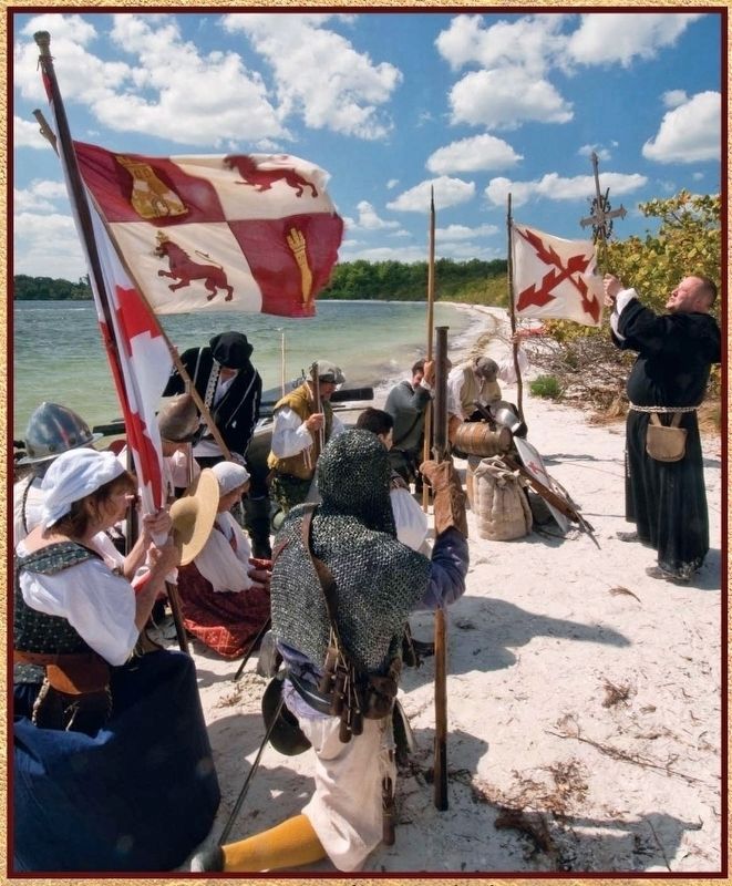 Marker detail: Reenactment of De Soto’s landing, De Soto National Memorial in Bradenton, Florida. Click for full size. Marker detail: Reenactment of De Soto’s landing, De Soto National Memorial in Bradenton, Florida image. Click for full size.
