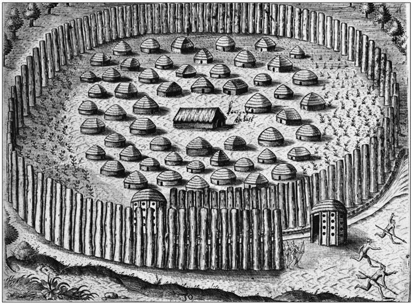 Marker detail: Native American village with fortified walls. Engraving by Theodor de Bry. image, Touch for more information