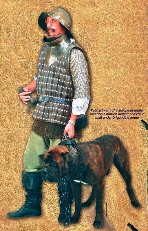 Marker detail: European soldier wearing a morion helmet and chain mail under brigandine armor image. Click for full size.