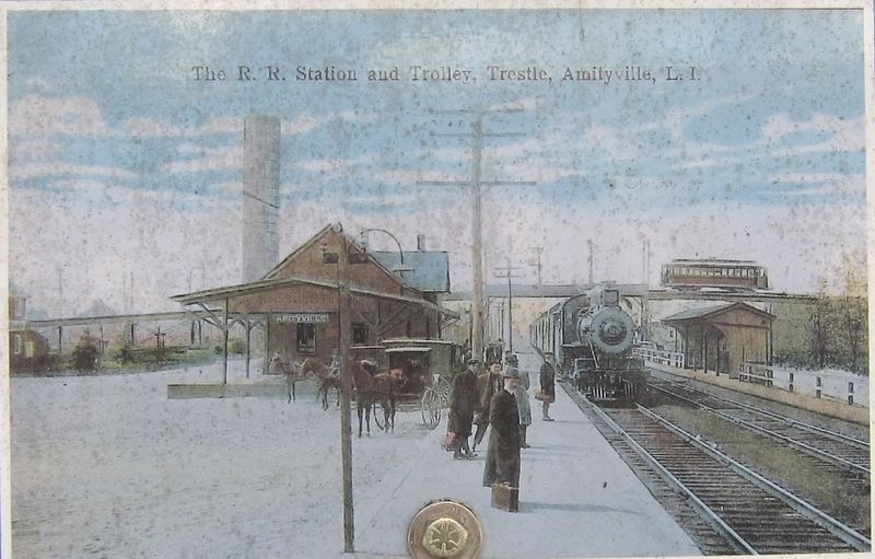 Marker Inset: <i>The R.R. Station and Trolley, Amityville, L.I.</i>. Click for full size. Marker Inset: <i>The R.R. Station and Trolley, Amityville, L.I.</i> image. Click for full size.