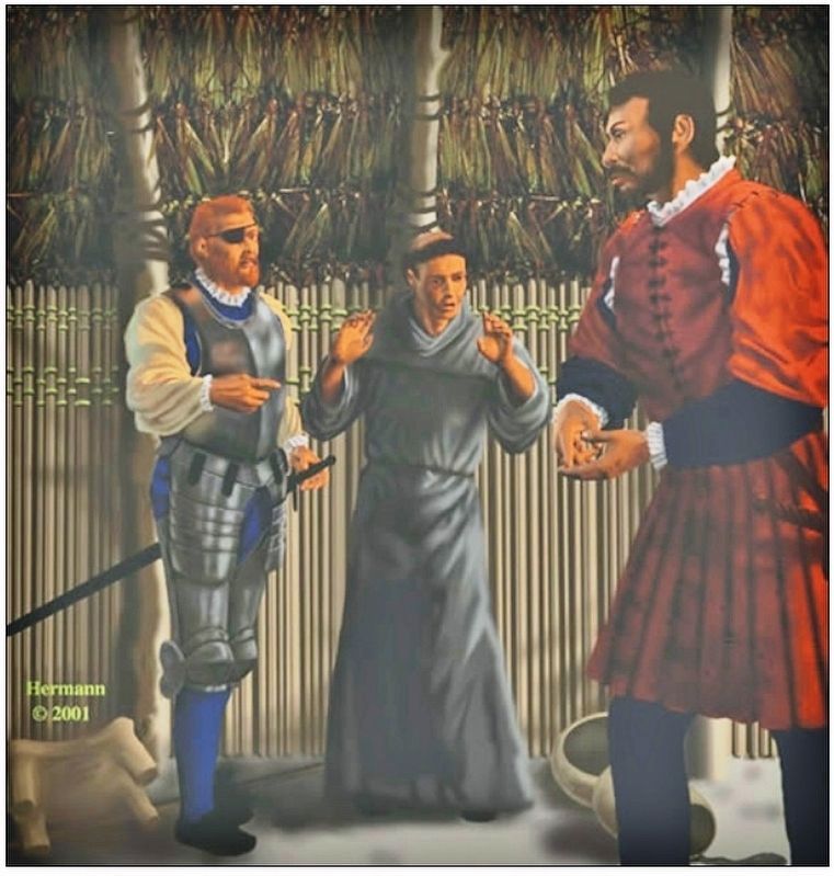 Marker detail: “Governor Pnfilo de Narvez argues with Cabeza de Vaca” by Hermann Trappman image. Click for full size.