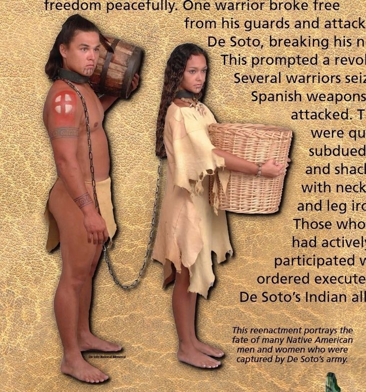 Marker detail: Reenactment portrays fate of Native American men & women captured by De Soto's army. Click for full size. Marker detail: Reenactment portrays fate of Native American men & women captured by De Soto's army image. Click for full size.