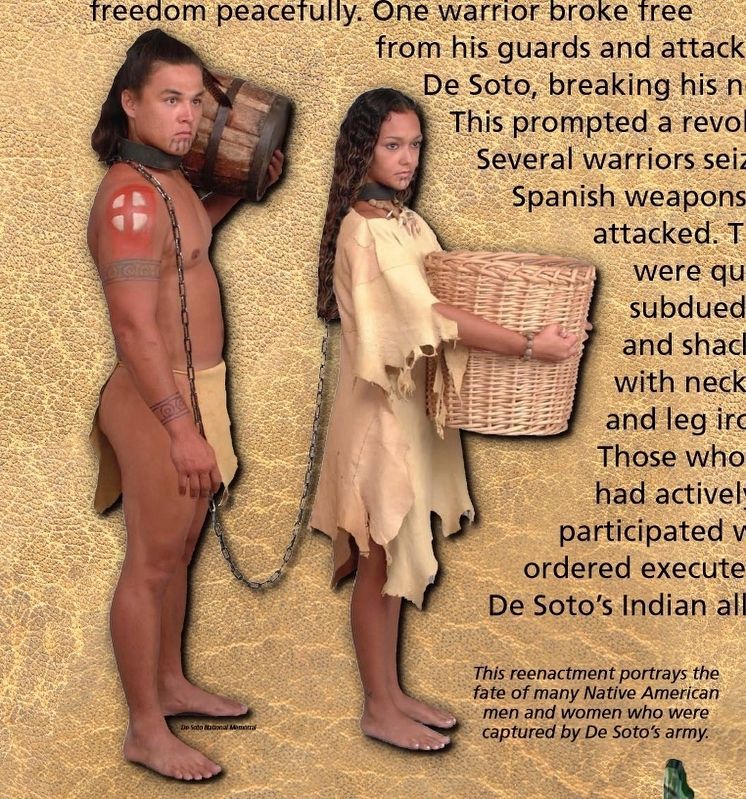 Marker detail: Reenactment portrays fate of Native American men & women captured by De Soto's army image. Click for full size.