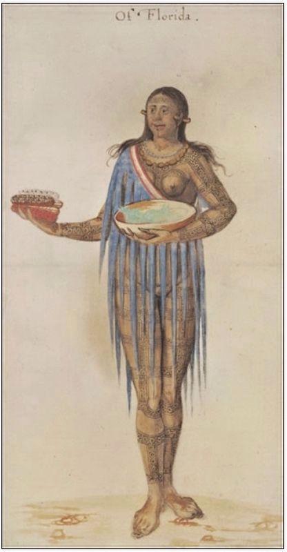 Marker detail: ”Florida Native Woman” by John White (1585). Click for full size. Marker detail: ”Florida Native Woman” by John White (1585) image. Click for full size.