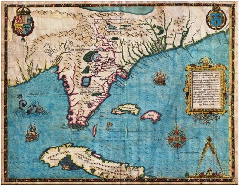 Marker detail: 1591 De Bry/Le Moyne map of Florida and Cuba image. Click for full size.