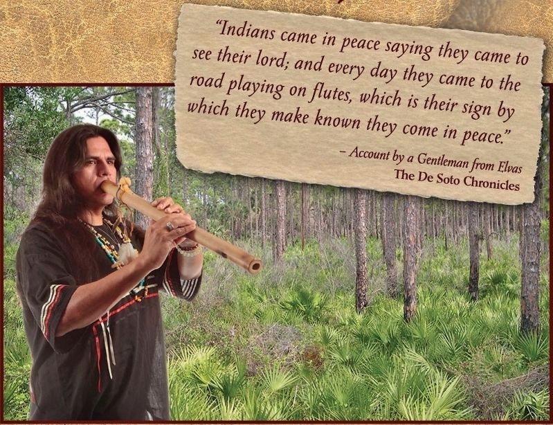 Marker detail: To many Native American cultures, playing the flute is a sign of peace. Click for full size. Marker detail: To many Native American cultures, playing the flute is a sign of peace image. Click for full size.
