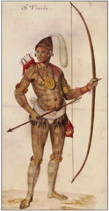 Marker detail: “A Timicuan Warrior Preparing for Battle” By John White (1585) image. Click for full size.