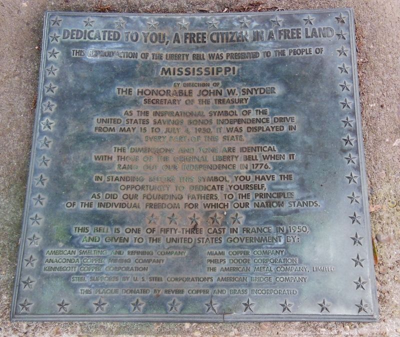 The Mississippi Liberty Bell Dedication Plaque (<i>also mounted on Liberty Bell Replica base</i>) image. Click for full size.
