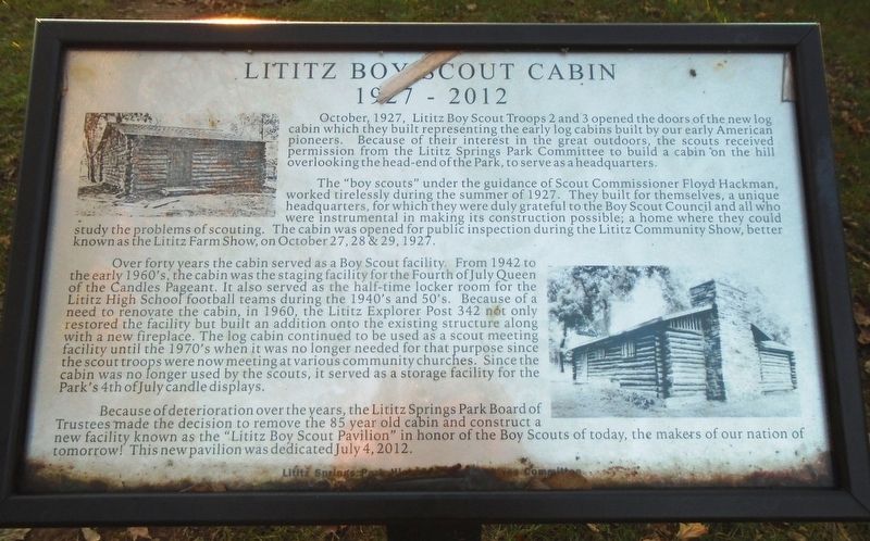 Lititz Boy Scout Cabin Marker image. Click for full size.