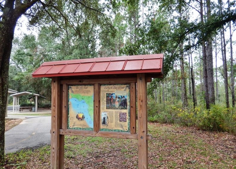Led by the Lure of Gold Marker Kiosk (<i>wide view; trailhead in background</i>). Click for full size. Led by the Lure of Gold Marker Kiosk (<i>wide view; trailhead in background</i>) image. Click for full size.