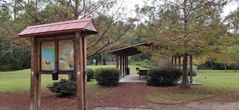 The Journey Ends Marker Kiosk (<i>wide view; looking west across park toward Iamonia Landing Rd</i>) image. Click for full size.