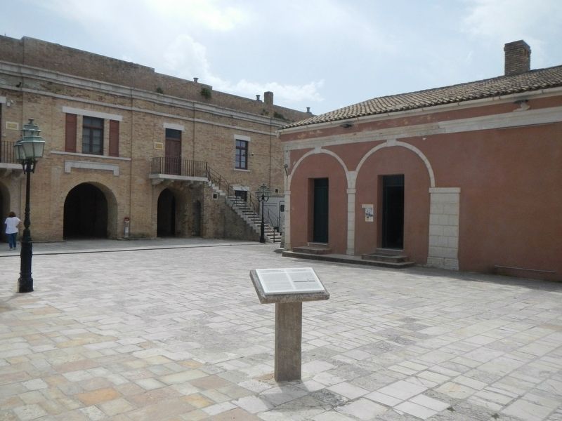 Latin Chapel of Madonna del Carmine (r) and British Army Barracks (l) and Marker image. Click for full size.