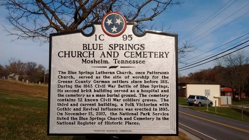 Blue Springs Church and Cemetery Marker image. Click for full size.